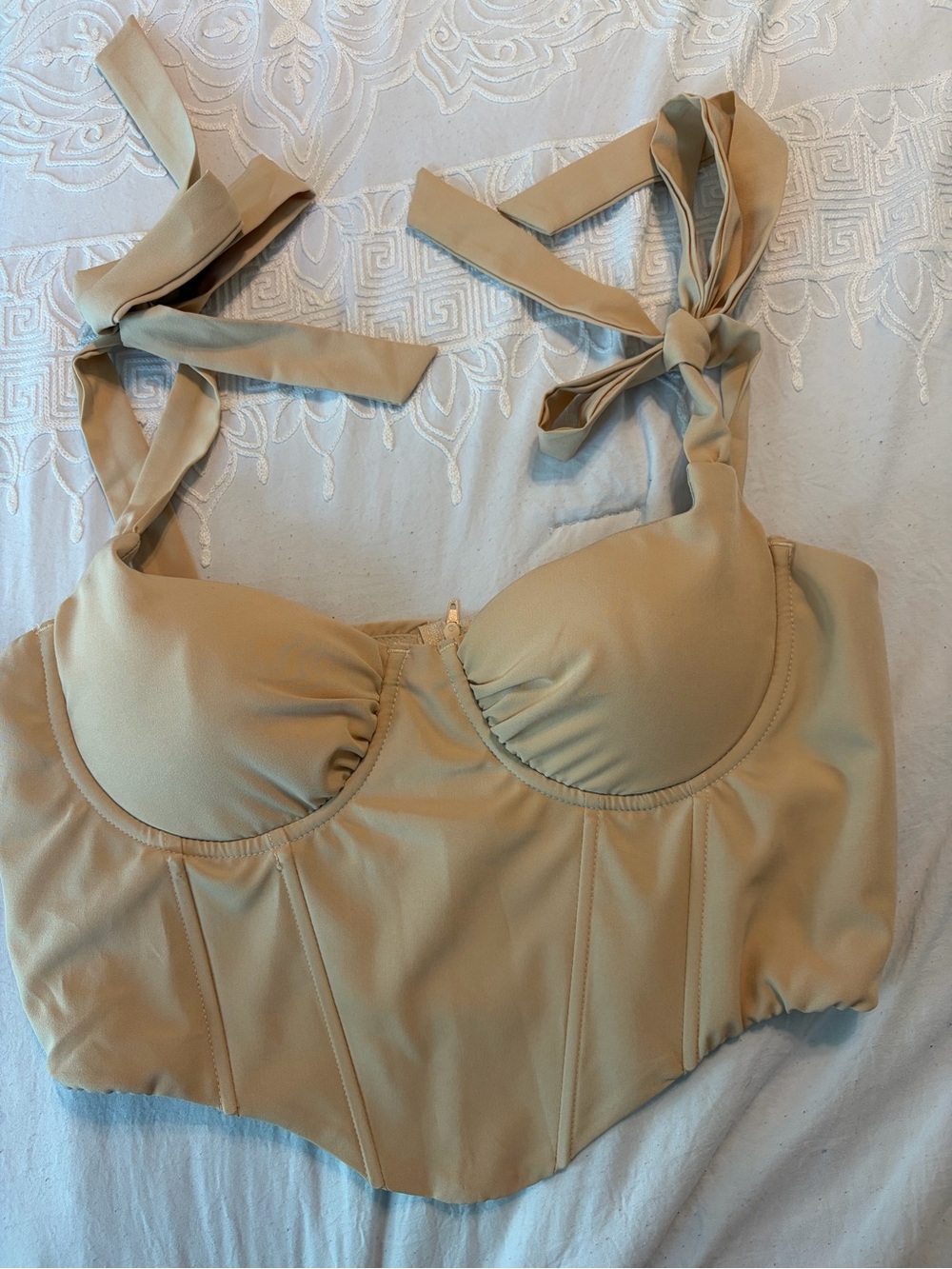SHEIN Beige Tie-Shoulder Longline Crop Corset Top